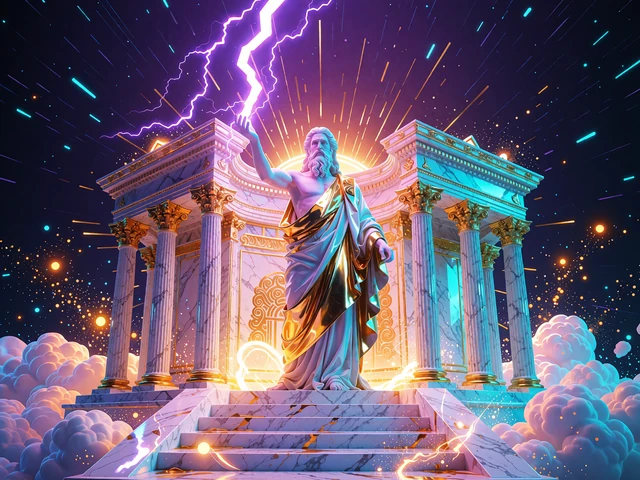 Grafika slotu Gates of Olympus 1000: b&oacute;stwo z piorunem przed marmurową świątynią na fioletowym niebie