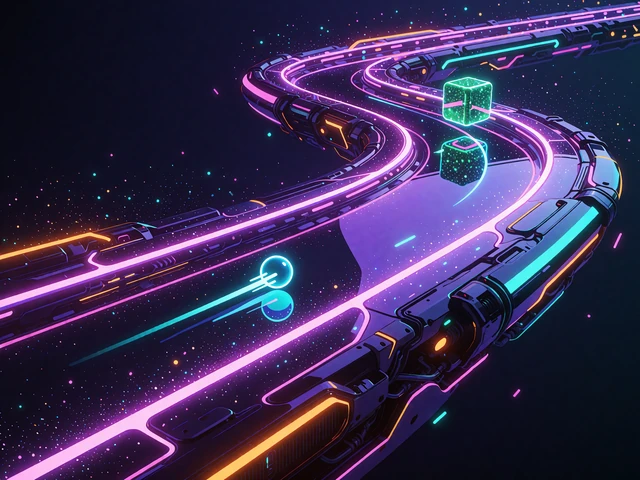 Gra Crash w Thrill Originals: neonowy tor w kształcie litery S z pędzącą cyjanową kulą światła