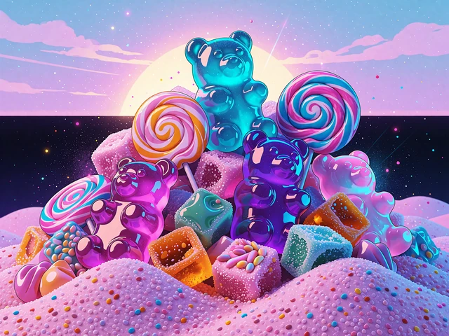 Grafika slotu Sugar Rush 1000: stos żelk&oacute;w, lizak&oacute;w i cukrowych kostek na r&oacute;żowych wzg&oacute;rzach o świcie